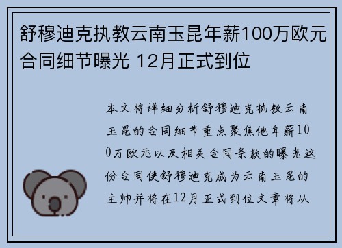 舒穆迪克执教云南玉昆年薪100万欧元合同细节曝光 12月正式到位
